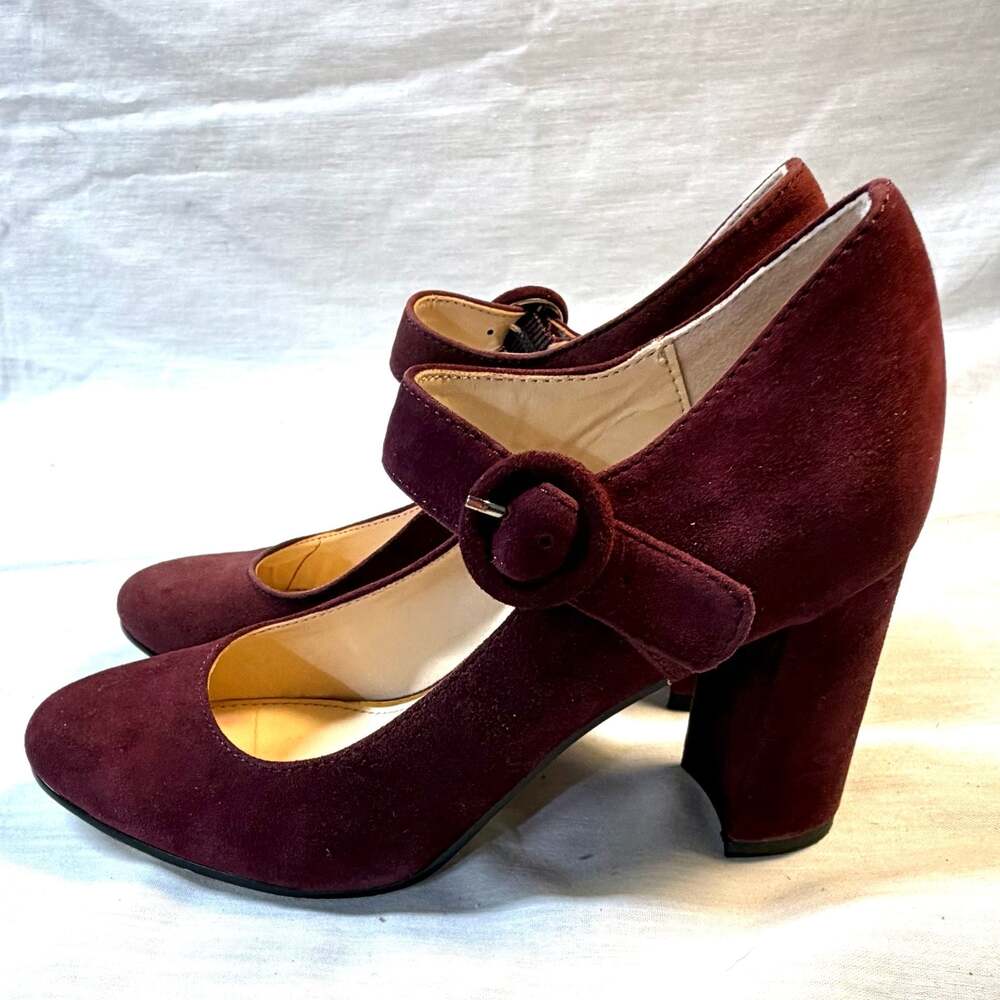 Michael Shannon Ella Burgundy Velvet Mary Jane Chunky Heel Pumps Size 8